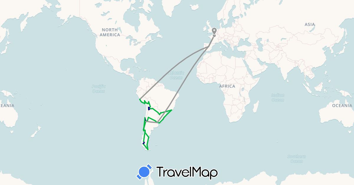 TravelMap itinerary: driving, bus, plane, boat in Argentina, Bolivia, Brazil, Chile, Spain, France, Peru, Paraguay, Uruguay (Europe, South America)